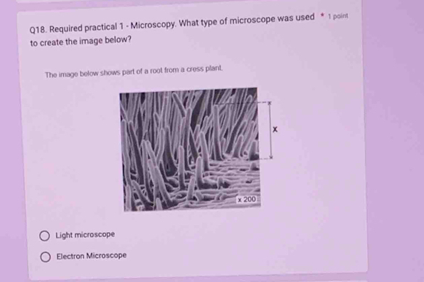 Required practical 1 - Microscopy. What type of microscope was used * 1 point
to create the image below?
The image below shows part of a root from a cress plant.
Light microscope
Electron Microscope