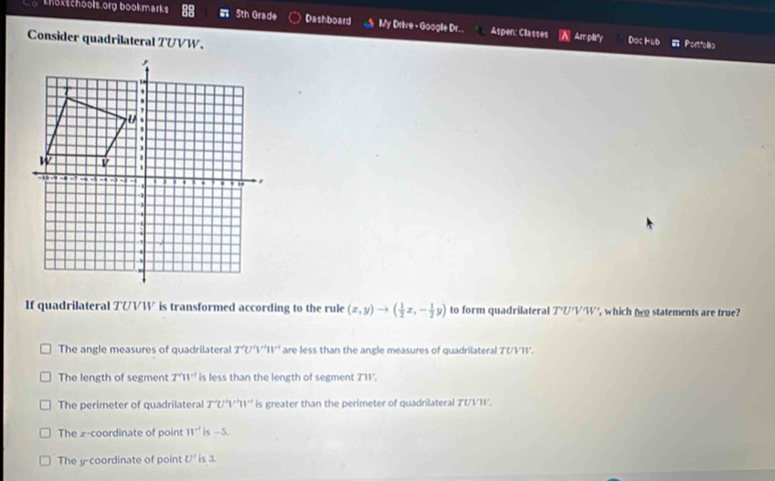 knokschools.org bookmarks 5th Grade Dashboard My Drive - Google Dr. . Aspen: Classes Amplity
Consider quadrilateral TUVW.
Doc Hub Portfolia
If quadrilateral T&VW is transformed according to the rule (x,y)to ( 1/2 x,- 1/2 y) to form quadrilateral T'U'V'W' , which to statements are true?
The angle measures of quadrilateral T'U'V'W' are less than the angle measures of quadrilateral TUVW.
The length of segment T'W' is less than the length of segment 7'11'.
The perimeter of quadrilateral T'U'V'||' is greater than the perimeter of quadrilateral TUVW.
The x-coordinate of point 11^(-1) is -5.
The y-coordinate of point U'is 3.