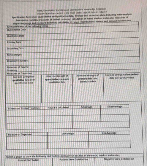 Data, Descriptive Statistics and Distributions Knowledge Organiser
Enquary Question - which is the most useful type of data to collect?
Specification Reference: Quantitative and qualitative data. Primary and secondary data, including meta-analysis.
Descriptive statistics: measures of central tendency; calculation of mean, median and mode; measures of