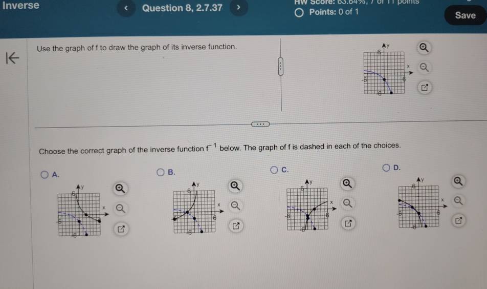 Inverse Question 8, 2.7.37 HW Score: 63:64%, 76f 11 points 
Points: 0 of 1 Save 
Use the graph of f to draw the graph of its inverse function. 
Choose the correct graph of the inverse function f^(-1) below. The graph of f is dashed in each of the choices. 
D. 
A. 
B. 
C.
y
y
6
6
x
x
×
6
6