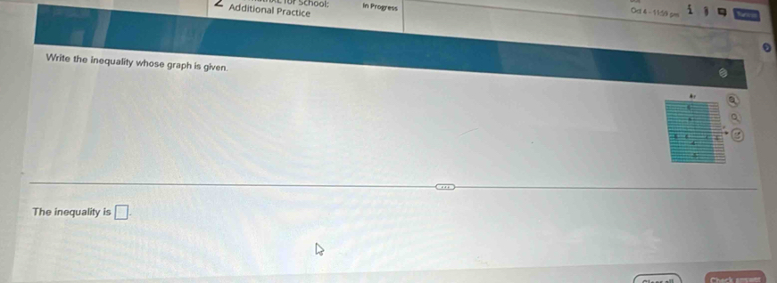 In Progress 
Additional Practice 
al 4 - 1159 = 
Write the inequality whose graph is given. 
The inequality is □.