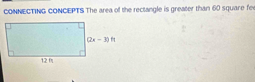 coNNECTING cONCEPTS The area of the rectangle is greater than 60 square fe