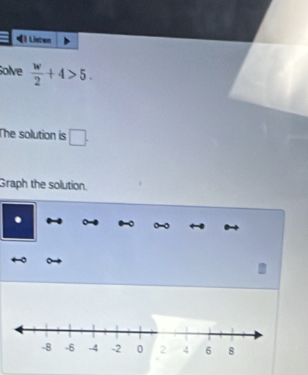 [1 Listen 
Solve  w/2 +4>5. 
The solution is □. 
Graph the solution. 
.