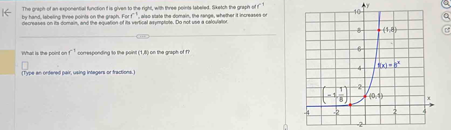 The graph of an exponential function f is given to the right, with three points labeled. Sketch the graph of f^(-1) y
by hand, labeling three points on the graph. For f^(-1) , also state the domain, the range, whether it increases or
decreases on its domain, and the equation of its vertical asymptote. Do not use a calculator.
What is the point on f^(-1) corresponding to the point (1,8) on the graph of f?
□
(Type an ordered pair, using integers or fractions.)
-2