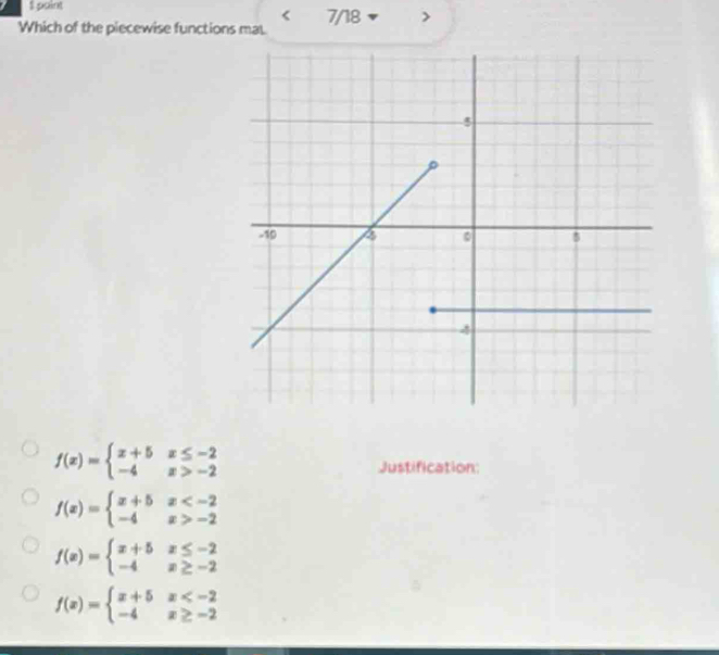 $ point
<
Which of the piecewise functions ma  7/18
f(x)=beginarrayl x+5x≤ -2 -4x>-2endarray.
Justification:
f(x)=beginarrayl x+5x -2endarray.
f(x)=beginarrayl x+5x≤ -2 -4x≥ -2endarray.
f(x)=beginarrayl x+5x