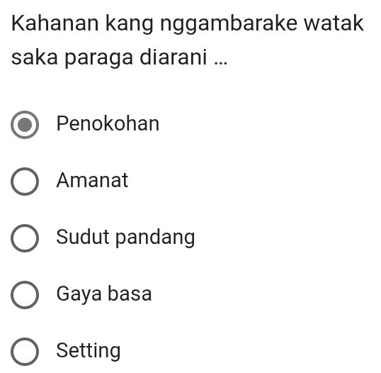 Kahanan kang nggambarake watak
saka paraga diarani ...
Penokohan
Amanat
Sudut pandang
Gaya basa
Setting