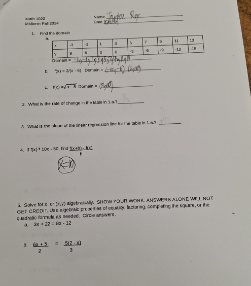 Dale Nare_
Midterm Fall 2024 Math 1020
_
1. 
b. f(x)=2/(x-6) Domain =
_
c. f(x)=sqrt(x-8) Domain =_
2. What is the rate of change in the table in 1.a.?_
3. What is the slope of the linear regression line for the table in 1.a.?_
4. If f(x)=10x-50 , find  (f(x+h)-f(x))/h 
5. Solve for x or (x,y) algebraically. SHOW YOUR WORK. ANSWERS ALONE WILL NOT
GET CREDIT. Use algebraic properties of equality, factoring, completing the square, or the
quadratic formula as needed. Circle answers.
a. 3x+22=8x-12
b.  (6x+5)/2 = (5(2-x))/3 