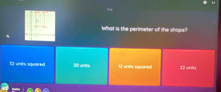 What is the perimeter of the shape?
32 units squared 20 units 12 units squared 22 units