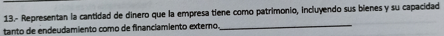 13.- Representan la cantidad de dinero que la empresa tiene como patrimonio, incluyendo sus bienes y su capacidad 
tanto de endeudamiento como de financiamiento externo._