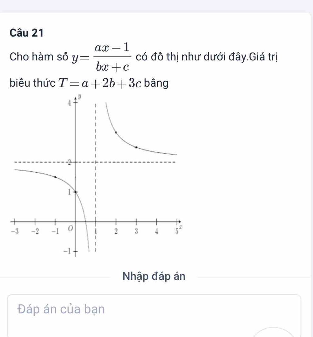 Cho hàm số y= (ax-1)/bx+c  có đô thị như dưới đây.Giá trị
biêu thức T=a+2b+3c bằng
Nhập đáp án
Đáp án của bạn