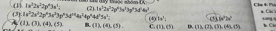 nào sau đay thuộc nhóm IA: Câu 4: Phá
(1). 1s^22s^22p^63s^1; (2). 1s^22s^22p^63s^23p^63d^14s^2 a. Các i
(3). 1s^22s^22p^63s^23p^63d^(10)4s^24p^64d^55s^1; (4).1s^1; (5) 1s^22s^1 xung q
A. (1), (3), (4), (5). B. (1), (4), 5) C. (1),(5). D. (1),(2), (3),(4), (5). b. Các