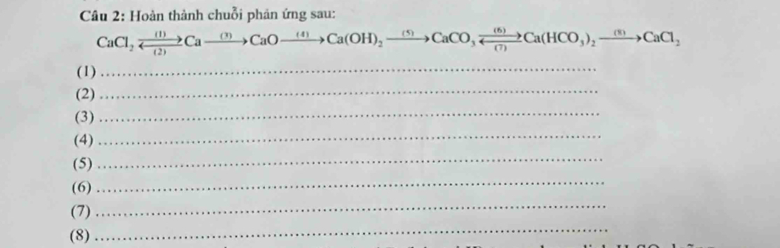 Hoàn thành chuỗi phản ứng sau:
CaCl_2xrightarrow (1)Caxrightarrow (3)CaOxrightarrow (4)Ca(OH)_2xrightarrow (5)CaCO_3xrightarrow (6)Ca(HCO_3)_2xrightarrow (8)CaCl_2
(1)_ 
(2)_ 
(3)_ 
(4) 
_ 
(5) 
_ 
(6) 
_ 
(7) 
_ 
(8) 
_