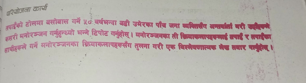 परियोजना कार्य 
तपाईको टोलमा बसोबास गर्ने ५८वर्षभन्वा बढी उमेरका पाँच जना व्यकितितंग अन्तर्वरता गरी सककय 
कसरी मनोरड्जन गर्नुहन्थ्यो भन्नेटिपोट गर्नुहोस्। मनोरऽ्जनका ती क्रियाकलापहक्नाई वपई र तपाईका 
सायीहरूले गर्ने मनोरऊ्जनका क्रियाकलापहरूसैंग तुलना गरी एक विस्लेवणात्मक ते तबार पदुदोद।