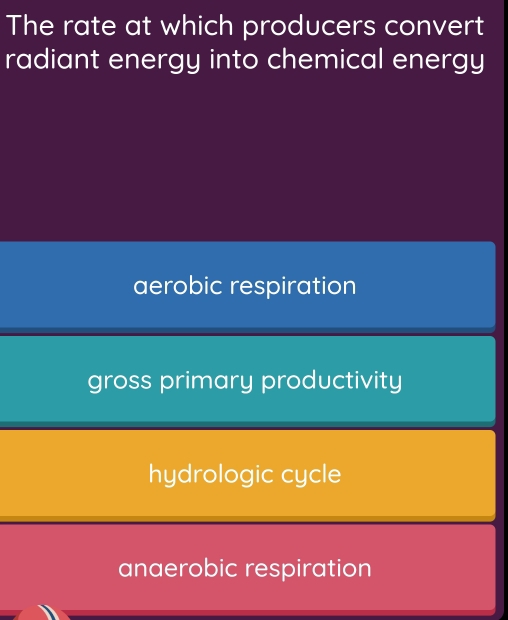 The rate at which producers convert
radiant energy into chemical energy
aerobic respiration
gross primary productivity
hydrologic cycle
anaerobic respiration