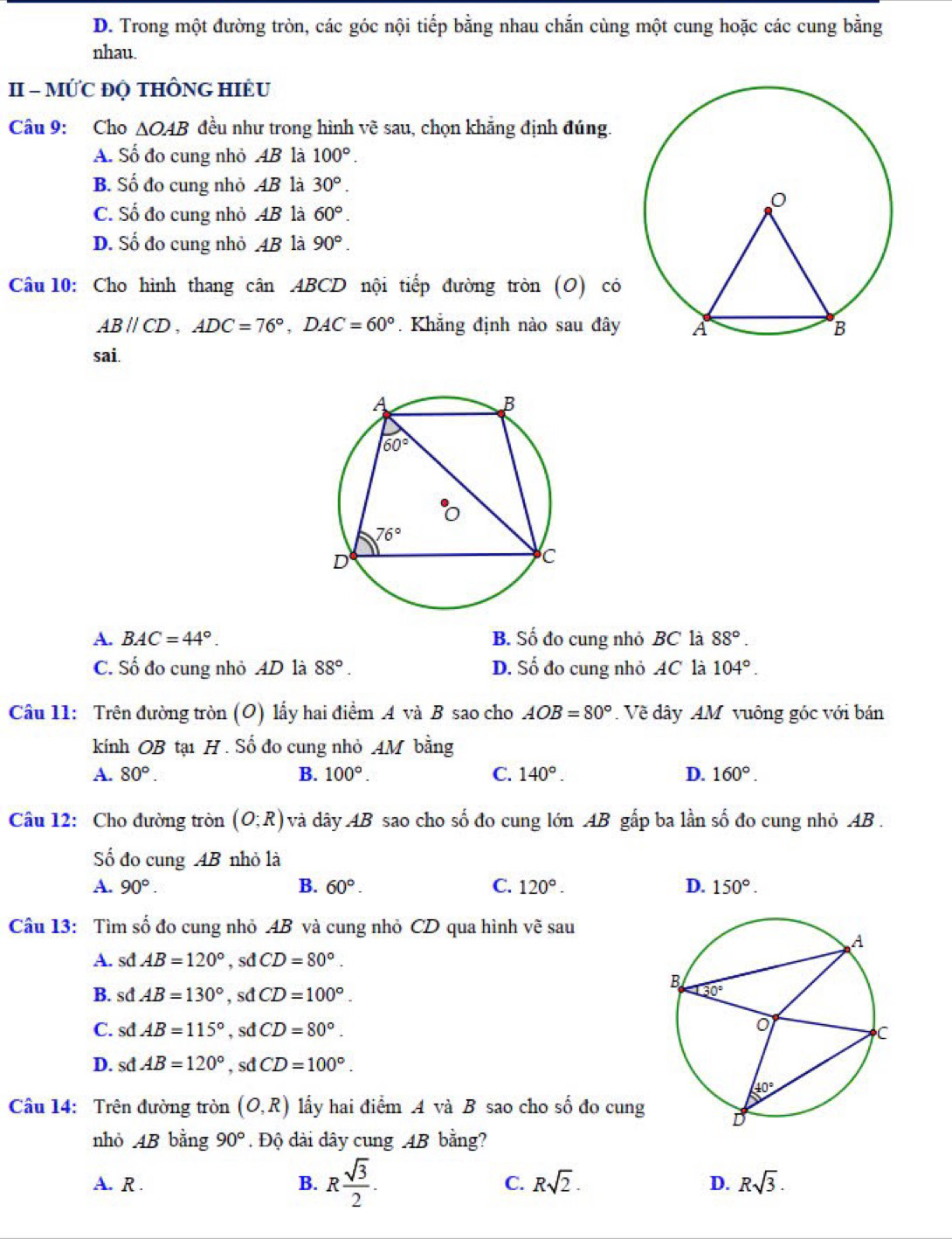 D. Trong một đường tròn, các góc nội tiếp bằng nhau chắn cùng một cung hoặc các cung bằng
nhau.
II - MỨC ĐQ THÔNG HIÊU
Câu 9: Cho △ OAB * đều như trong hình vẽ sau, chọn khẳng định đúng.
A. Số đo cung nhỏ 4B là 100°.
B. Số đo cung nhỏ 4B là 30°.
C. Số đo cung nhỏ AB là 60°.
D. Số đo cung nhỏ 4B là 90°.
Câu 10: Cho hình thang cân ABCD nội tiếp đường tròn (O) có
ABparallel CD,ADC=76°,DAC=60°. Khẳng định nào sau đây
sai.
A. BAC=44°. B. Số đo cung nhỏ BC là 88°.
C. Số đo cung nhỏ AD là 88°. D. Số đo cung nhỏ AC là 104°.
Câu 11: Trên đường tròn (O) lấy hai điểm A và B sao cho AOB=80°. Về dây AM vuông góc với bán
kính OB tại H . Số đo cung nhỏ AM bằng
A. 80°. B. 100°. C. 140°. D. 160°.
Câu 12: Cho đường tròn (O;R) và dây AB sao cho số đo cung lớn AB gắp ba lần số đo cung nhỏ AB .
ố đo cung AB nhỏ là
A. 90°. B. 60°. C. 120°. D. 150°.
Câu 13: Tìm số đo cung nhỏ AB và cung nhỏ CD qua hình vẽ sau
A. sd AB=120° , sd CD=80°.
B. sd AB=130° , sd CD=100°.
C. sd AB=115° , sd CD=80°.
D. sd AB=120° , sd CD=100°.
Câu 14: Trên đường tròn (O,R) lấy hai điểm A và B sao cho số đo cung
nhỏ AB bằng 90°. Độ dài dây cung AB bằng?
A. R . B. R sqrt(3)/2 . C. Rsqrt(2). Rsqrt(3).
D.