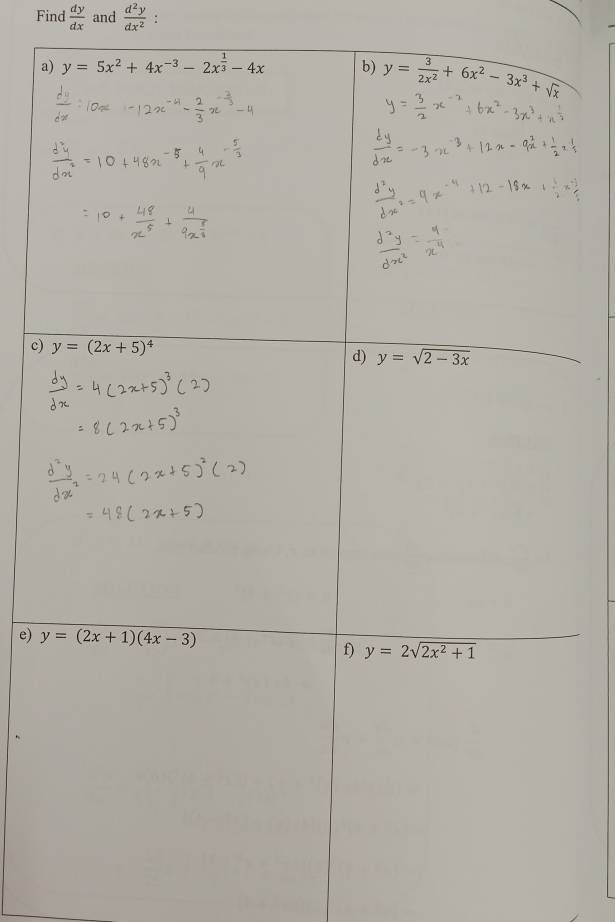 Find  dy/dx  and  d^2y/dx^2  :
a
c)
e)