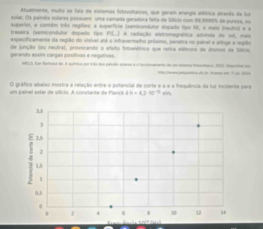 Atualmente, muito se fala de sistemás fotovoltaicos, que garam energia elétrica através da luz 
solar. Os painéis solares póssuem uma camada geradora feita de Sillicio com 99,9999% de pureza, ou 
superior, e contêm três regiões: a superfície (semicondutor dopado tipo NI, o meio (neutro) e a 
traseira (semicondutor dopado tipo P)(....) A radiação elatromagnética advinda de sol, mais 
especificamente da região do visível até o infravermeiho próximo, penetra no painel e atinge a região 
de junção (ou neutra), provocando o efeito fotoelétrico que retira ellétrons de átamos de Sillício, 
gerando assim cargas positivas e negativas. 
MELO. Een Berbosa de. A quêmica por três dos paíras soiees a o functonamento de um sstema tanstaoo, 2022. Deponial em 
( 81 wew genpulmia ufi br Acemn em 11 ju, 2004 
O gráfico abaixo mostra a relação entre o potencial de corte e a e a frequência da luz incidente para 
um painel solar de silício. A constante de Planck é h=4.2· 10^(-15) ek 
4 nria 10ªºkz)