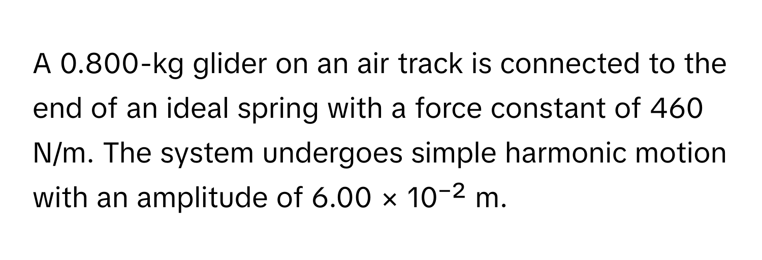 A 0.800-kg glider on an air track is connected to the end of an ideal spring with a force constant of 460 N/m. The system undergoes simple harmonic motion with an amplitude of 6.00 × 10⁻² m.