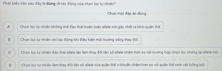 Phát biểu nào sau đây là đúng về tác động của chọn lọc tự nhiên?
Chọn một đáp án đúng
A Chọn lọc tự nhiên không thế đào thải hoàn toàn allele trội gây chết ra khỏi quần thế.
B Chọn lọc tự nhiên chi tác động khi điều kiện môi trường sống thay đối.
C Chọn lọc tự nhiên đào thái allele lặn làm thay đối tần số allele chậm hơn so với trường hợp chọn lọc chống lại allele trội.
D Chọn lọc tự nhiên làm thay đối tân số allele của quần thế vi khuẩn chậm hơn so với quần thế sinh vật lưỡng bội.