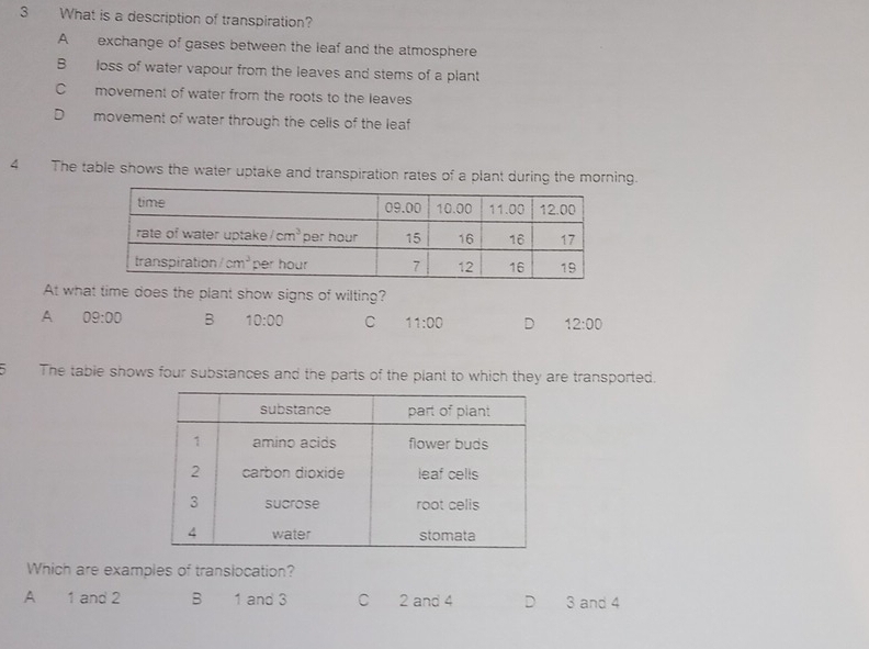 What is a description of transpiration?
A exchange of gases between the leaf and the atmosphere
B loss of water vapour from the leaves and stems of a plant
Cmovement of water from the roots to the leaves
D movement of water through the cells of the leaf
4 The table shows the water uptake and transpiration rates of a plant during the morning.
At what time does the plant show signs of wilting?
A 09:00 B 10:00 C 11:00 D 12:00
5 The table shows four substances and the parts of the plant to which they are transported.
Which are examples of translocation?
A 1 and 2 B 1 and 3 C 2 and 4 D 3 and 4