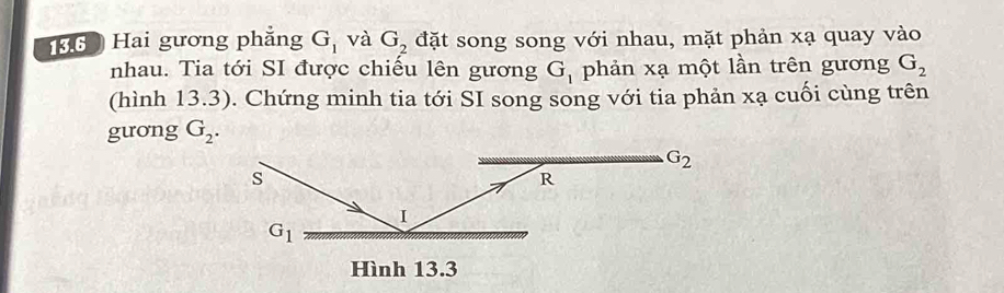 13.6  Hai gương phăng G_1 và G_2 đặt song song với nhau, mặt phản xạ quay vào
nhau. Tia tới SI được chiếu lên gương G_1 phản xạ một lần trên gương G_2
(hình 13.3). Chứng minh tia tới SI song song với tia phản xạ cuối cùng trên
gương G_2.
Hình 13.3