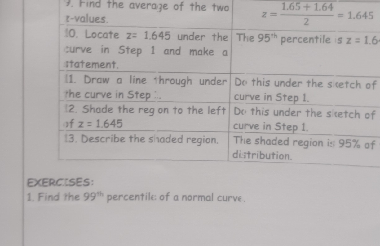 Find the average of the two
f
f
f
E
1. Find the 99^(th) percentile: of a normal curve.