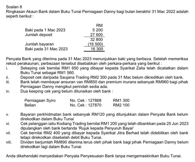 Soalan 8
Ringkasan Akaun Bank dalam Buku Tunai Perniagaan Danny bagi bulan berakhir 31 Mac 2022 adalah
seperti berikut :
RM
Baki pada 1 Mac 2023
Jumlah deposit
Jumlah bayaran beginarrayr 5200 _ 27600 32800 _ +16500 16300endarray
Baki pada 31 Mac 2023
Penyata Bank yang diterima pada 31 Mac 2023 menunjukkan baki yang berbeza. Setelah memeriksa
rekod perakaunan, perbezaan tersebut disebabkan oleh perkara-perkara yang berikut :
i. Sekeping cek bernilai RM1 650 yang dibayar kepada Syarikat Zalia telah dicatatkan dalam
Buku Tunai sebagai RM1 560.
ⅱ. Deposit cek daripada Saujana Trading RM2 300 pada 31 Mac belum dikreditkan oleh bank.
iii. Bank telah membayar ansuran van RM850 dan premium inurans sebanyak RM960 bagi pihak
Perniagaan Danny mengikut perindah sedia ada.
iv. Dua keeping cek yang belum ditunaikan oleh bank :
Perniagaan Syiro No. Cek : 127868 RM1 300
Belian No. Cek : 127870 RM2 100
V. Bayaran perkhidmatan bank sebanyak RM120 yang ditunjukkan dalam Penyata Bank belum
direkodkan dalam Buku Tunai
vi. Cek pelanggan iaitu Kodiang Trading bernilai RM1 200 yang telah dibankkan pada 25 Jun 2023
dipulangkan oleh bank bertanda ‘Rujuk kepada Penyuruh Bayar’
vii. Cek bernilai RM2 400 yang dibayar kepada Syarikat Jitra Berhad telah didebitkan oleh bank
tetapi direkodkan disebelah debit Buku Tunai.
viii. Dividen berjumlah RM890 diterima terus oleh pihak bank bagi pihak Perniagaan Danny belum
direkodkan lagi dalam Buku Tunai.
Anda dikehendaki menyediakan Penyata Penyesuaian Bank tanpa mengemaskinikan Buku Tunai.