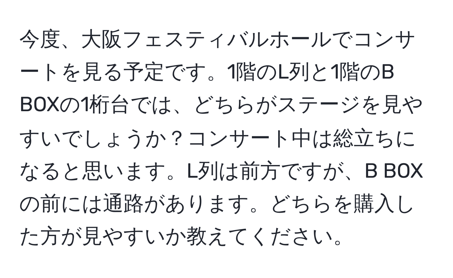 今度、大阪フェスティバルホールでコンサートを見る予定です。1階のL列と1階のB BOXの1桁台では、どちらがステージを見やすいでしょうか？コンサート中は総立ちになると思います。L列は前方ですが、B BOXの前には通路があります。どちらを購入した方が見やすいか教えてください。