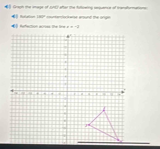 Graph the image of AAD after the folowing sequence of transformations: 
Retation 180° counterdockwise arourd the origin 
o Refection acoss the lline x=-2