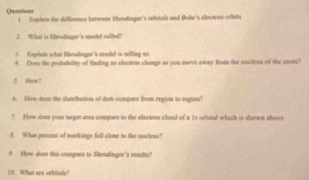 Explain the difference between Shrodinger's orbitals and Bohr's electron orbits 
2. What is Shrodinger's model called? 
3. Explain what Shrodinger's model is telling us. 
4. Does the probability of finding an electron change as you move away from the nucleus of the atom? 
5. How? 
6. How does the distribution of dots compare from region to region? 
7. How does your target area compare to the electron cloud of a 1s orbital which is shown above 
8. What percent of markings fall close to the nucleus? 
9. How does this compare to Shrodinger's results? 
10. What are orbitals?