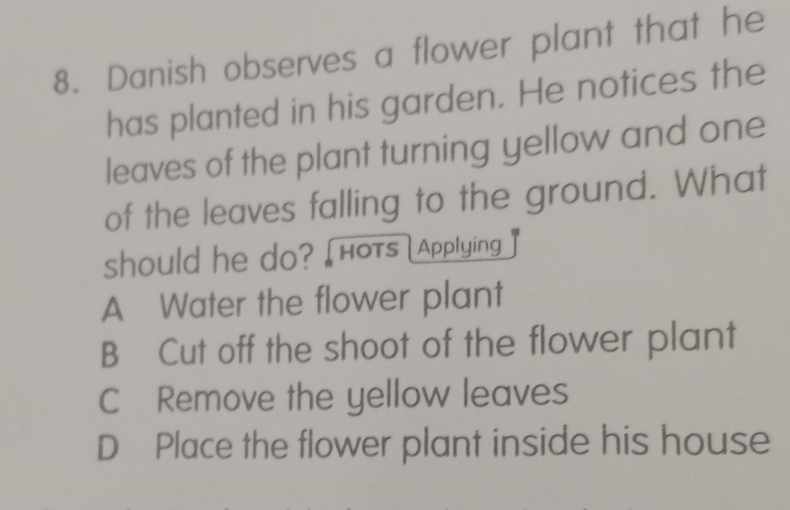 Danish observes a flower plant that he
has planted in his garden. He notices the
leaves of the plant turning yellow and one
of the leaves falling to the ground. What
should he do? [ hots_ Applying
A Water the flower plant
B Cut off the shoot of the flower plant
C Remove the yellow leaves
D Place the flower plant inside his house