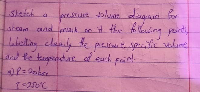 sketch a pressure volume diagram for 
sream and mark on it the following points 
labelling cefarly the pressure, specific volume 
and the temperature of each point. 
a p=20bar
T=250°C