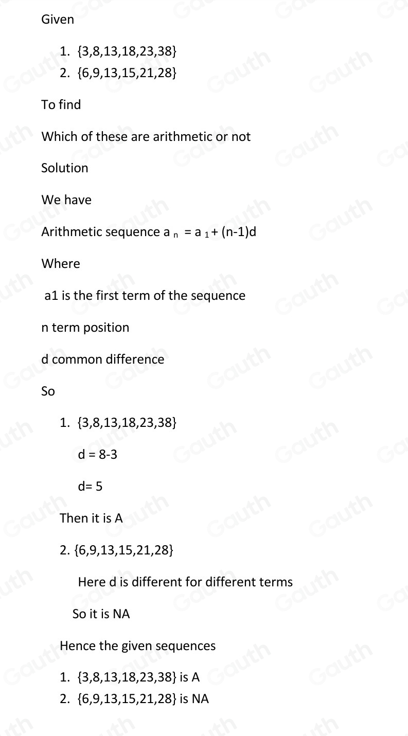Solved: Identify if the given sequence is arithmetic or not arithmetic ...