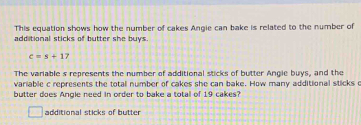 Solved: This equation shows how the number of cakes Angie can bake is ...