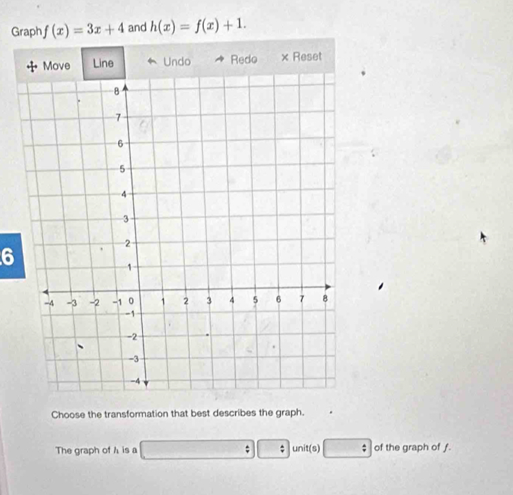 Graph f(x)=3x+4 and h(x)=f(x)+1. 
Move Line Undo Redo × Reset 
6 
Choose the transformation that best describes the graph. 
The graph of h is a ; unit(s) of the graph of f