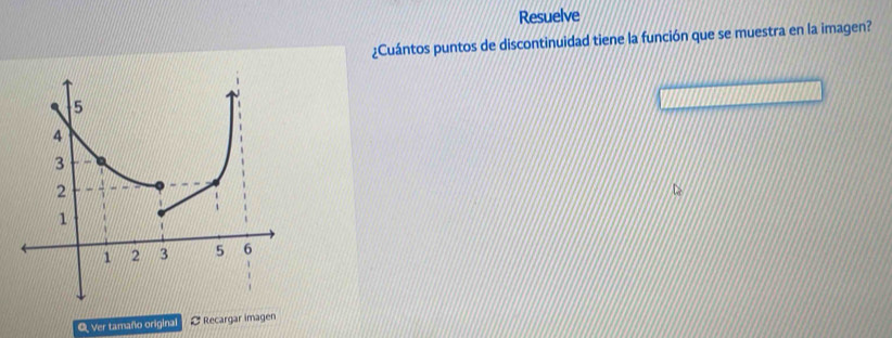 Resuelve 
¿Cuántos puntos de discontinuidad tiene la función que se muestra en la imagen? 
Q Ver tamaño original # Recargar imagen