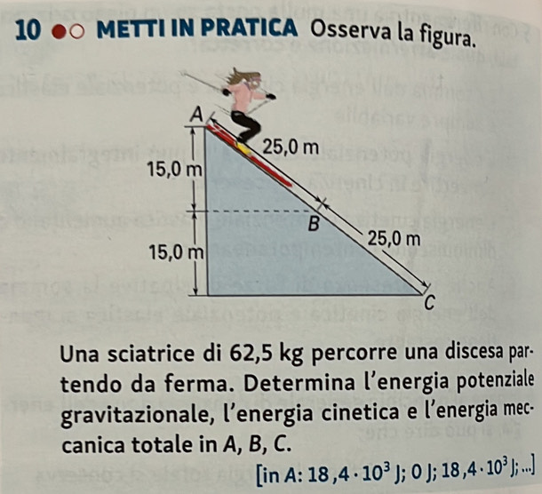 METTI IN PRATICA Osserva la figura. 
Una sciatrice di 62,5 kg percorre una discesa par- 
tendo da ferma. Determina l’energia potenziale 
gravitazionale, l’energia cinetica e l’energia mec- 
canica totale in A, B, C.
[inA:18,4· 10^3);0J;18,4· 10^3);...]