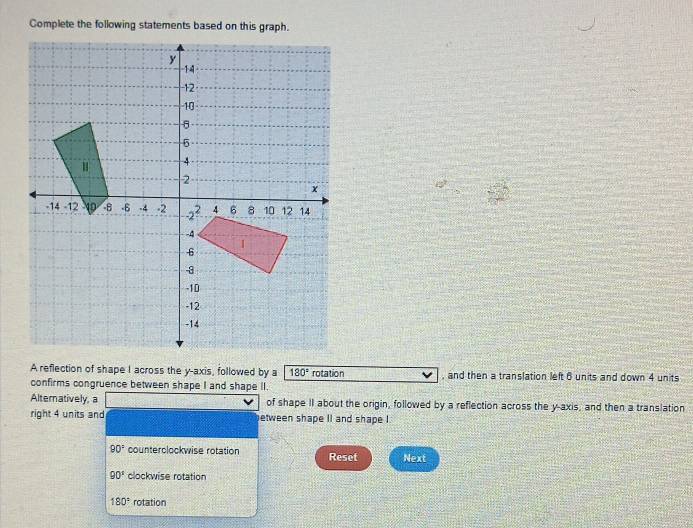 A reflection of shape I across the y-axis, followed by a 180° rotation , and then a translation left 6 units and down 4 units 
confirms congruence between shape I and shape II. 
Alternatively, a of shape II about the origin, followed by a reflection across the y-axis, and then a translation 
right 4 units and etween shape iI and shape I
90° counterclockwise rotation Reset Next
90° clockwise rotation
180° rotation