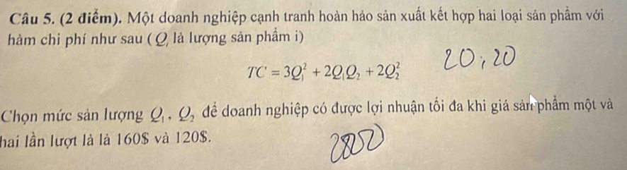 Một doanh nghiệp cạnh tranh hoàn hảo sản xuất kết hợp hai loại sản phẩm với 
hàm chi phí như sau (Q là lượng sản phẩm i)
TC=3Q_1^(2+2Q_1)Q_2+2Q_2^(2
Chọn mức sản lượng Q_1), Q_2 để doanh nghiệp có được lợi nhuận tối đa khi giá sản phẩm một và 
hai lần lượt là là 160$ và 120$.