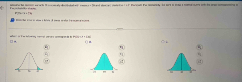 Assume the random variable X is normally distributed with mean mu =50 and standard deviation sigma =7
the probability shaded. ". Compute the probability. Be sure to draw a normal curve with the area carresponding to
P(35
Click the icon to view a table of areas under the normal curve
Which of the following normal curves corresponds to P(35 ?
A.
B.
C.