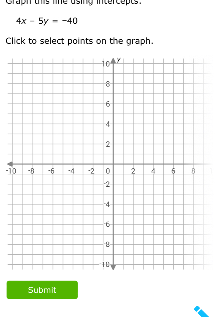 Graph this line using intercepts.
4x-5y=-40
Click to select points on the graph.
-11
Submit