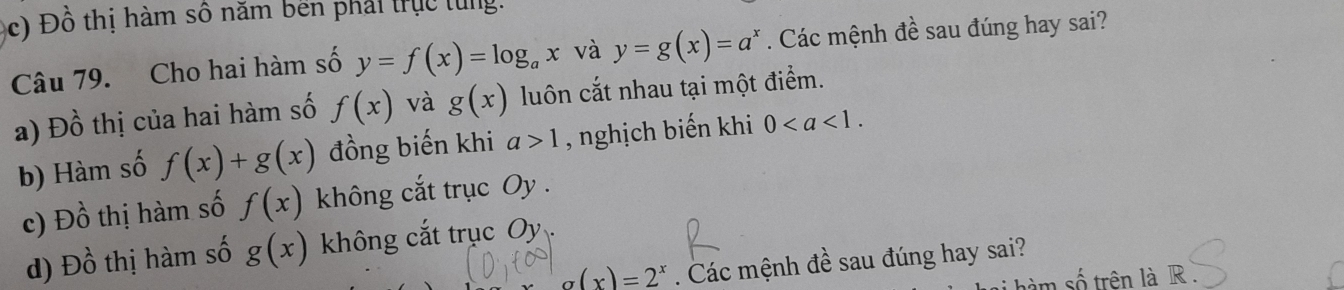 c) Đồ thị hàm số năm bên phát trực tung.
Câu 79. Cho hai hàm số y=f(x)=log _ax và y=g(x)=a^x. Các mệnh đề sau đúng hay sai?
a) Đồ thị của hai hàm số f(x) và g(x) luôn cắt nhau tại một điểm.
b) Hàm số f(x)+g(x) đồng biến khi a>1 , nghịch biến khi 0. 
c) Đồ thị hàm số f(x) không cắt trục Oy .

d) Đồ thị hàm số g(x) không cắt trục ( 7i
g(x)=2^x. Các mệnh đề sau đúng hay sai?
hàm số trên là R