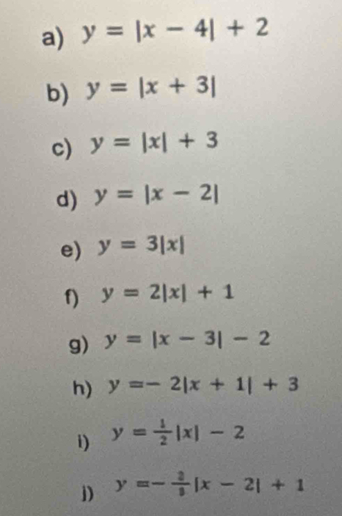 y=|x-4|+2
b) y=|x+3|
c) y=|x|+3
d) y=|x-2|
e) y=3|x|
f) y=2|x|+1
g) y=|x-3|-2
h) y=-2|x+1|+3
i) y= 1/2 |x|-2
j) y=- 2/3 |x-2|+1