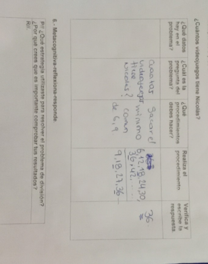 ¿Cuántos videojuegos tiene Nicolás? 
6.- Metacognitiva-reflexiona-responde. 
P/ ¿Qué estrategia utilizaste para resolver el problema de división? 
¿Por qué crees que es importante comprobar tus resultados? 
R//.