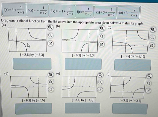 f(x)=1+ 1/x+2  f(x)=- 1/x+2  f(x)=-1+ 1/2-x  f(x)= 1/x-3  f(x)=3+ 3/x-2  f(x)=3- 2/x-2 
Drag each rational function from the list above into the appropriate area given below to match its graph.
(a)(b)
(c)
a
by [-3,3] [-3,3]
(d) (e) (f)