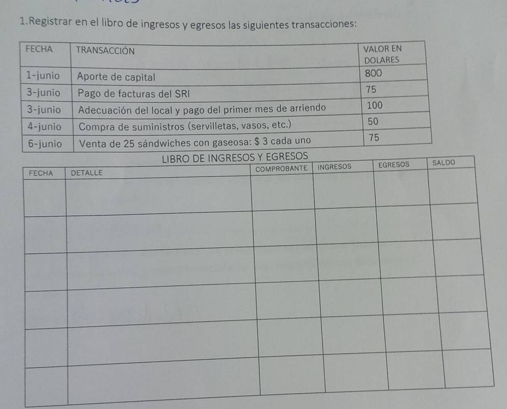 Registrar en el libro de ingresos y egresos las siguientes transacciones: