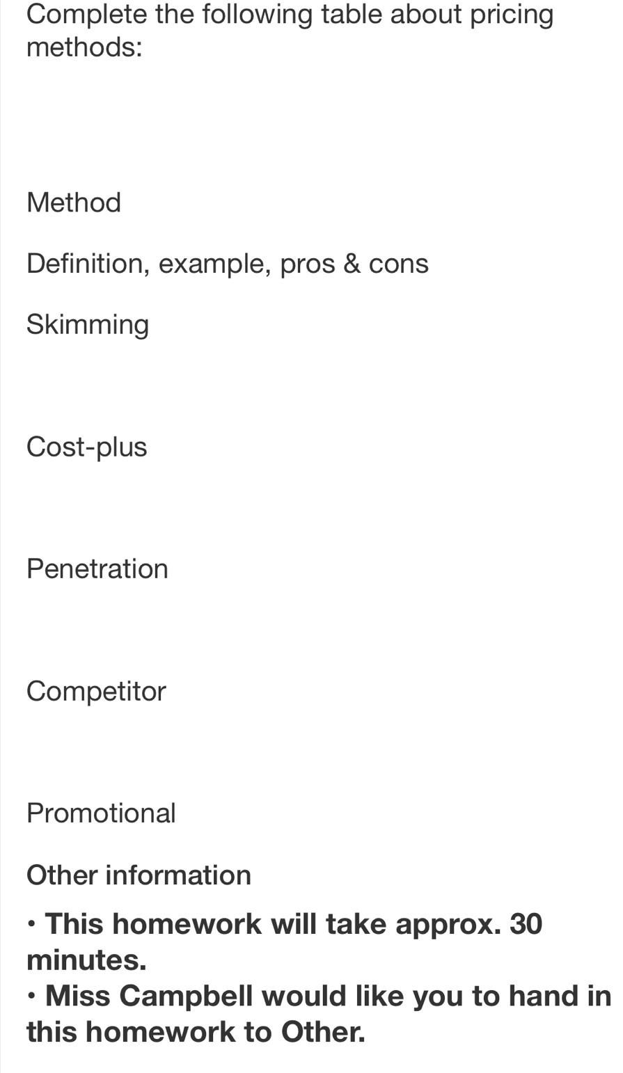 Complete the following table about pricing 
methods: 
Method 
Definition, example, pros & cons 
Skimming 
Cost-plus 
Penetration 
Competitor 
Promotional 
Other information 
This homework will take approx. 30
minutes. 
D Miss Campbell would like you to hand in 
this homework to Other.