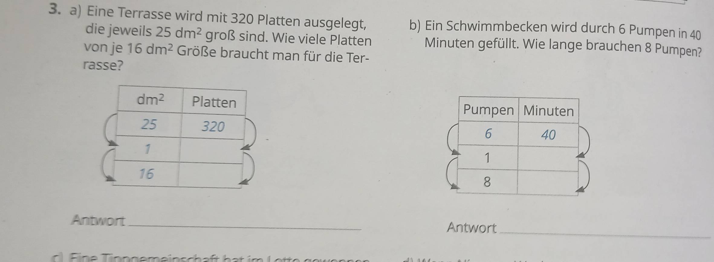 Eine Terrasse wird mit 320 Platten ausgelegt, b) Ein Schwimmbecken wird durch 6 Pumpen in 40
die jeweils 25dm^2 groß sind. Wie viele Platten Minuten gefüllt. Wie lange brauchen 8 Pumpen?
von je 16dm^2 Größe braucht man für die Ter-
rasse?
Antwort_ Antwort_