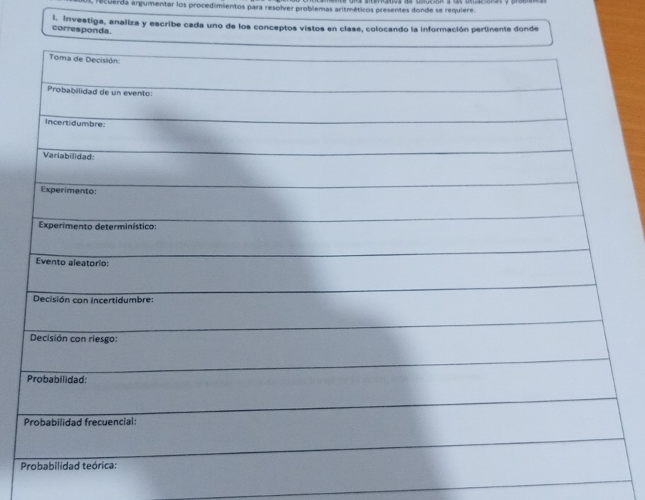 acuerda argumentar los procedimientos para resolver problemas aritméticos presentes donde se requiere. 
l. Investiga, analiza y escribe cada uno de los conceptos vistos en clase, colocando la información pertinente donde 
corresponda. 
P