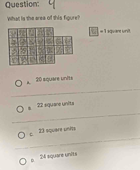 What is the area of this figure?
□ =1squ are unit
A. 20 square units
B. 22 square units
c. 23 square units
D. 24 square units